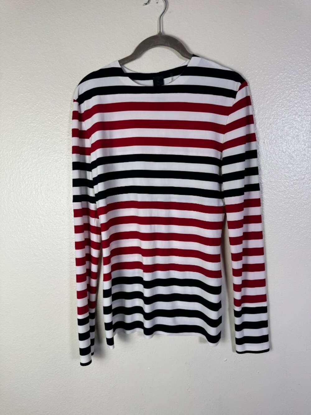 Norma Kamali Womens Red Black Striped Long Sleeve Top Size Medium Liquid knit St